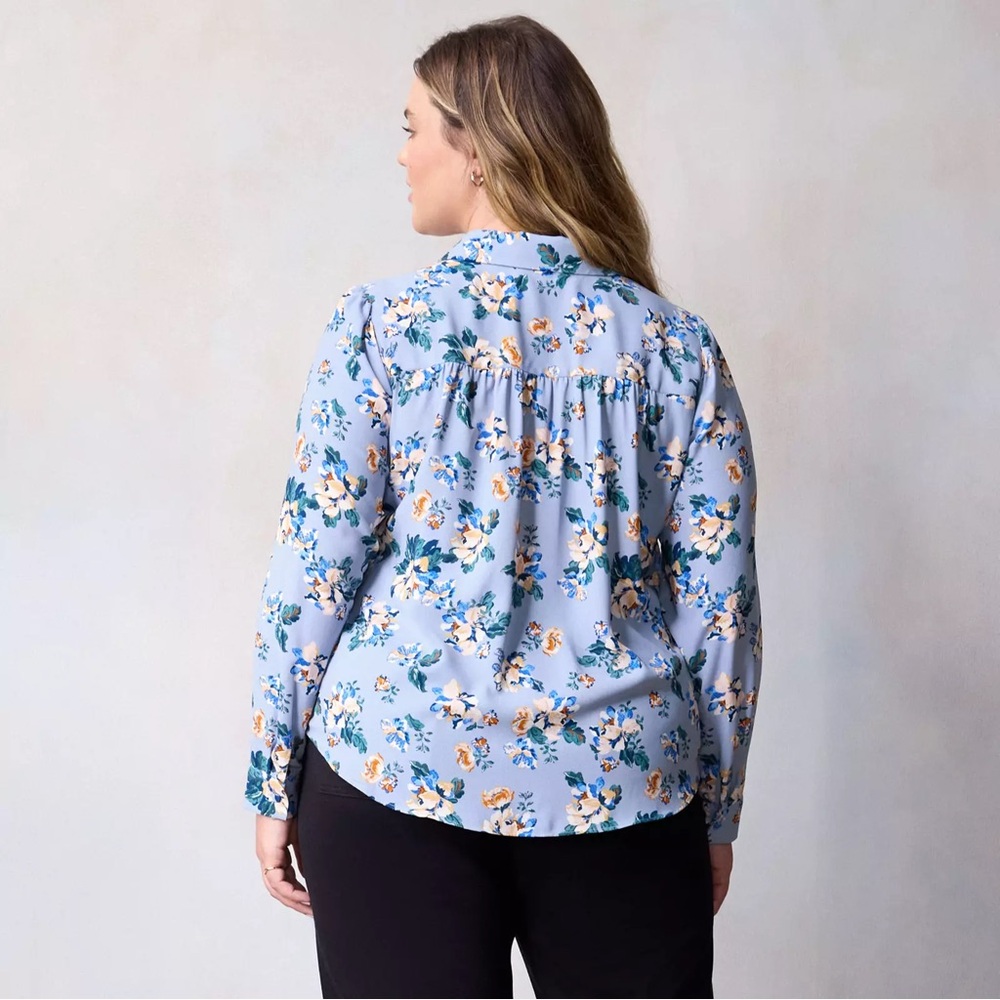 LC Lauren Conrad Collared Button-Front Shirt in Blue Blooming Plus Size 1X - Picture 4 of 11